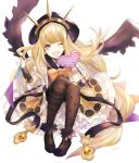  1girl ;d asymmetrical_legwear bangs black_shoes blonde_hair blunt_bangs bow bracer cagliostro_(granblue_fantasy) candy cape frilled_skirt frills garland_(decoration) granblue_fantasy hairband halloween halloween_costume heart highres holding hood jack-o&#039;-lantern lollipop long_hair looking_at_viewer one_eye_closed open_mouth orange_bow orange_skirt puffy_short_sleeves puffy_sleeves pumpkin shoes short_sleeves signature simple_background sitting skirt smile solo spikes star striped striped_legwear thigh-highs very_long_hair violet_eyes white_background xxx-ff 