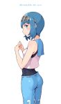  1girl blue_eyes blue_hair blue_nails blush cloba_(daeniel811015) fingers_together highres looking_at_viewer nail_polish pokemon pokemon_(game) pokemon_sm profile short_hair simple_background solo suiren_(pokemon) swimsuit swimsuit_under_clothes white_background 