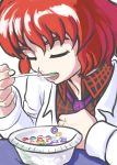  1girl blazer cereal closed_eyes collared_shirt dated eating eyebrows froot_loops highres horikawa_raiko jacket necktie profitshame redhead shirt short_hair signature solo thick_eyebrows touhou 