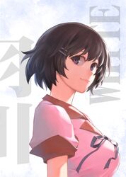  bakemonogatari black_hair breasts eyelashes gamerag hair_ornament hairclip hanekawa_tsubasa lips looking_to_the_side monogatari_(series) ribbon school_uniform short_hair short_sleeves text upper_body violet_eyes 