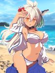  1girl beach bikini bikini_under_clothes blue_skirt breasts dark_skin dragon granblue_fantasy hair_between_eyes large_breasts long_hair looking_at_viewer nachisuke_(nachi_comic) open_clothes open_shirt open_skirt orange_eyes pleated_skirt shirt skirt solo swimsuit the_order_grande water white_hair 