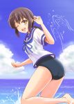  1girl ass brown_eyes brown_hair from_behind fubuki_(kantai_collection) kantai_collection looking_back low_ponytail one_eye_closed ookawa_wataru ponytail school_swimsuit school_uniform serafuku short_ponytail sidelocks splashing swimsuit swimsuit_under_clothes water 