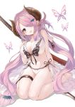  1girl barefoot bikini blue_eyes blush breasts butterfly butterfly_earrings doraf double_bun frilled_bikini frills full_body granblue_fantasy hair_over_one_eye highres horns katana long_hair looking_at_viewer narumeia_(granblue_fantasy) open_mouth pointy_ears purple_hair revision sheath sheathed side-tie_bikini sitting solo swimsuit sword thigh_strap thighs very_long_hair wariza weapon white_background white_bikini yuui_hutabakirage 