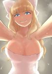  &gt;:p 1girl :p bangs blonde_hair blue_eyes blunt_bangs blush bow breasts bureibu charlotte_(fire_emblem_if) cleavage collarbone eyelashes fire_emblem fire_emblem_if hair_bow large_bow large_breasts lips long_hair looking_at_viewer naked_towel naughty_face onsen shiny shiny_skin steam sweat tongue tongue_out towel wet 