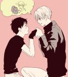  2boys blush couple dog gloves holding_hand katsuki_yuuri makkachin male_focus multiple_boys sinba_(ying-hua) viktor_nikiforov yaoi yuri!!!_on_ice 