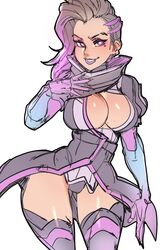  1girl asymmetrical_hair black_hair breasts cleavage cleavage_cutout elbow_gloves eyeliner eyeshadow gloves highres large_breasts lipstick makeup maniacpaint mole mole_under_eye overwatch panties showgirl_skirt solo sombra_(overwatch) tan thigh-highs thighs underwear violet_eyes 