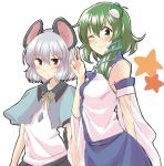  2girls ;) animal_ears blush bow capelet commentary_request detached_sleeves frog frog_hair_ornament green_eyes green_hair grey_hair hair_ornament kochiya_sanae mana_(gooney) mouse_ears multiple_girls nazrin one_eye_closed red_eyes short_hair simple_background smile snake snake_hair_ornament star sweatdrop tagme touhou v white_background wide_sleeves 