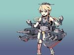  1girl adrian_ferrer alternate_breast_size bare_shoulders blonde_hair cannon clenched_hands elbow_gloves front-tie_top garter_straps gloves gradient gradient_background grey_eyes hat iowa_(kantai_collection) kantai_collection long_hair machinery miniskirt mismatched_legwear open_mouth skirt solo striped striped_legwear striped_skirt thigh-highs 