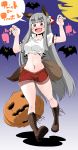  1girl animal_ears bare_legs boots bow breasts claw_pose crop_top cross-laced_footwear eyebrows fujiwara_no_mokou hair_bow half_updo halloween happy highres jack-o&#039;-lantern knee_boots lace-up_boots long_hair medium_breasts open_mouth puffy_short_sleeves puffy_sleeves red_eyes short_shorts short_sleeves shorts sidelocks silver_hair tail takeu thick_eyebrows touhou very_long_hair wolf_ears wolf_tail 