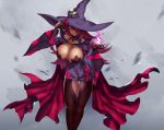  1girl bare_shoulders black_gloves black_sclera blazblue blazblue:_central_fiction breasts cleavage elbow_gloves eu03 fire gloves hat huge_breasts konoe_a_mercury long_hair looking_at_viewer redhead solo thigh_gap thighs witch_hat yellow_eyes 
