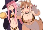  2girls absurdres animal_costume animal_ears antenna_hair ass_visible_through_thighs bell bikini blazblue blush breasts brown_eyes brown_hair cat_ears cat_tail claws cleavage collar dog_collar front-tie_bikini front-tie_top glasses halloween_costume hat highres kokonoe large_breasts long_hair makoto_nanaya mirano multicolored_hair multiple_girls open_mouth pince-nez pink_hair red_eyes short_hair small_breasts squirrel_ears squirrel_tail swimsuit tail two-tone_hair white_background witch_hat wolf_costume 