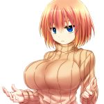  1girl arms_up bangs blonde_hair blue_eyes breasts commentary expressionless hair_between_eyes hands_on_own_head hands_up highres large_breasts looking_at_viewer original parted_lips ribbed_sweater setana short_hair simple_background solo sweater teeth watarui white_background 