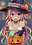  1girl bare_shoulders blue_eyes blush breasts candy choker cleavage fang halloween halloween_costume hat highres jack-o&#039;-lantern large_breasts long_hair looking_at_viewer open_mouth original pink_hair pointy_ears pumpkin simple_background solo sparkling_eyes tears white_background witch_hat yuusa 