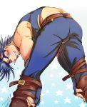  1boy ass belt bent_over blue_eyes blue_gloves blue_hair boots bulge crop_top dated fingerless_gloves from_behind gloves grin highres jojo_no_kimyou_na_bouken joseph_joestar_(young) looking_at_viewer male_focus muscle nagisa_(friendly820706) profile signature smile solo star starry_background sweat 