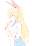  1girl blonde_hair blue_eyes blue_skirt blush eating food from_side hair_ribbon half_updo hand_under_clothes highres holding kirisaki_chitoge kuso_otoko long_hair long_sleeves necktie nisekoi pleated_skirt popsicle profile ribbon school_uniform serafuku shirt simple_background sketch skirt solo very_long_hair white_background white_shirt yellow_necktie 