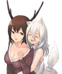  2girls absurdres animal_ears antlers breasts brown_eyes brown_hair cleavage closed_eyes highres hug koretsuki_aduma multiple_girls open_mouth original reindeer_antlers short_hair smile tail white_hair wolf_ears wolf_tail 