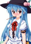  1girl blue_eyes blush commentary_request food food_in_mouth fruit hat hinanawi_tenshi long_hair looking_at_viewer neck_ribbon nose_blush peach pocky red_eyes ribbon ruu_(tksymkw) solo touhou upper_body white_background 