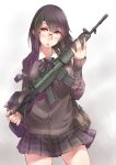  1girl ayyh contrapposto glasses gun highres looking_to_the_side pleated_skirt red_eyes rifle school_uniform skirt solo weapon 