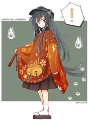  ! 1girl akatsuki_(kantai_collection) alternate_costume animal_ears black_eyes black_hair cat_ears cat_tail dated fan flat_cap folding_fan full_body happy_halloween hat kantai_collection long_hair looking_at_viewer multiple_tails sandals solo spoken_exclamation_mark standing tail two_tails usui_harusame wide_sleeves 