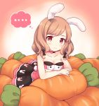  ... 1girl 3: absurdres animal_ears bare_arms bare_shoulders blush breasts brown_hair bunny_print carrot_pillow choker cleavage commentary_request crossed_arms dress hair_ribbon highres looking_at_viewer maki_(natoriumu) medium_breasts multicolored_dress original print_dress rabbit_ears red_eyes revision ribbon sleeveless sleeveless_dress solo strapless strapless_dress tress_ribbon 