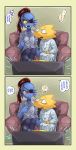  2girls alphys blue_skin comic couple crying crying_with_eyes_open eyepatch glasses head_fins highres monster_girl multiple_girls ponytail redhead shirt tears teeth translation_request undertale undyne usou_(aomidori) yellow_skin 