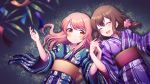 2girls brown_eyes brown_hair closed_eyes from_above hair_ornament holding_hands interlocked_fingers japanese_clothes kimono long_hair looking_at_viewer lying multiple_girls on_back open_mouth original outdoors pink_hair smile suzumi_shiro yukata 
