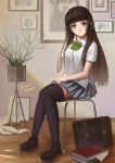  1girl 2015 artist_name bag bangs black_legwear blue_skirt blunt_bangs book bow bowtie chair collared_shirt dress_shirt green_bow green_bowtie green_eyes green_ribbon hair_ribbon holding_skirt kirigaku_luo knees_together_feet_apart light_rays loafers long_hair looking_at_viewer original paper parted_lips picture_(object) picture_frame plant pleated_skirt ribbon school_uniform shadow shirt shoes short_sleeves sitting skirt solo straight_hair teeth thigh-highs thighs uniform white_shirt 