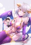  1girl arm_support bare_shoulders blush breasts character_doll chocolate cleavage closed_mouth collarbone demon_girl demon_horns demon_tail demon_wings detached_sleeves fate/grand_order fate_(series) garter_straps halloween horns jeanne_alter large_breasts looking_at_viewer male_protagonist_(fate/grand_order) navel purple_legwear revealing_clothes ruler_(fate/apocrypha) short_hair showgirl_skirt sideboob silver_hair sitting solo stomach sushimaro tail thigh-highs thigh_gap wings yellow_eyes 