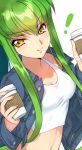  1girl c.c. code_geass coffee_cup creayus green_hair long_hair looking_at_viewer smile solo yellow_eyes 