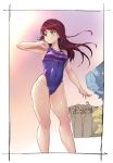 3girls alp competition_swimsuit covered_navel highleg highleg_swimsuit long_hair looking_to_the_side love_live! love_live!_sunshine!! multiple_girls one-piece_swimsuit purple_swimsuit redhead sakurauchi_riko smile solo_focus standing swimsuit takami_chika undressing watanabe_you yellow_eyes 