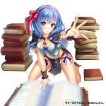  1girl absurdres blue_eyes blue_hair book breasts cleavage dansa hair_ornament hair_ribbon highres kneeling long_hair midriff navel purple_ribbon red_ribbon ribbon simple_background solo tower_of_dragon white_background 