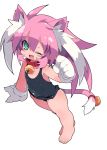  animal_ears aqua_eyes barefoot blush_stickers cat_ears cat_tail clenched_hand collarbone full_body gloves highres long_hair looking_at_viewer one-piece_swimsuit one_eye_closed pink_hair simple_background swimsuit tail white_background white_gloves zankuro 