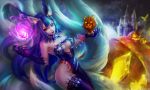  1girl ahri alternate_costume alternate_hair_color animal_ears bare_shoulders black_hair breasts cleavage facial_mark fox_ears fox_tail highres large_breasts league_of_legends lips long_hair multiple_tails pumpkin red_eyes slit_pupils solo tail teemo whisker_markings 