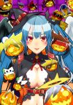  1girl adapted_costume asymmetrical_wings blue_hair breasts cameo cleavage cleavage_cutout dizzy eyeshadow guilty_gear guilty_gear_xrd halloween hat heart heart-shaped_pupils highres jack-o&#039;-lantern large_breasts lipstick long_hair makeup midriff mini_hat mini_witch_hat navel orochi_(namashiba) red_eyes ringed_eyes solo symbol-shaped_pupils twintails wings witch_hat 