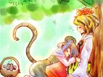  2girls against_tree animal_ears basket blonde_hair bow closed_eyes commentary_request grey_hair hair_ornament mana_(gooney) mouse mouse_ears mouse_tail multiple_girls nazrin on_lap short_hair silver_hair sleeping sleeping_on_person tagme tail tiger_ears toramaru_shou touhou tree 