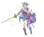  1girl anastasia_(idolmaster) blue_eyes boots cape dress elbow_gloves flower gloves granblue_fantasy hat holding holding_weapon idolmaster idolmaster_cinderella_girls jewelry knee_boots minaba_hideo necklace official_art short_dress short_hair shoulder_pads silver_hair solo sparkle standing sword transparent_background weapon 