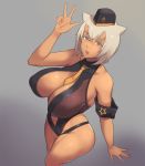  1girl :p animal_ears bare_shoulders blonde_hair breasts cleavage dark_skin destiny_child garrison_cap gradient gradient_background grey_background hat highres large_breasts leg_lift looking_at_viewer metal_owl_(aden12) navel necktie red_eyes short_hair solo thighs tongue tongue_out 