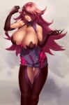  1girl bare_shoulders black_gloves black_sclera blazblue blazblue:_central_fiction breasts cleavage elbow_gloves eu03 gloves highres huge_breasts konoe_a_mercury long_hair looking_at_viewer redhead solo thigh_gap thighs yellow_eyes 