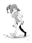  2girls absurdres girls_und_panzer greyscale highres ky_(kurokky709) monochrome multiple_girls nishizumi_maho nishizumi_miho piggyback short_hair siblings sisters white_background younger 