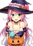  1girl bare_shoulders blue_eyes blush breasts candy choker cleavage fang halloween halloween_costume hat highres jack-o&#039;-lantern large_breasts long_hair looking_at_viewer open_mouth original pink_hair pointy_ears pumpkin revision simple_background solo sparkling_eyes tears white_background witch_hat yuusa 