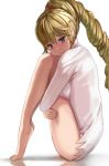  1girl :3 barefoot blonde_hair blue_eyes blush breast_press breasts clarus_tonitrus closed_mouth eyebrows eyebrows_visible_through_hair from_side full_body leg_hug long_hair medium_breasts nose_blush shadow shirt simple_background solo soushin_shoujo_matoi tomoki_(omaenoie) white_background white_shirt 