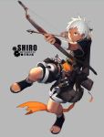  1boy absurdres arrow belt blockun bow_(weapon) dark_skin dark_skinned_male highres male_focus original quiver red_eyes sandals shorts solo tan weapon white_hair 