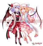  2girls alternate_costume bat_wings blonde_hair commentary_request cross fangs flandre_scarlet full_body garter_straps gem hat highres long_sleeves looking_at_viewer mob_cap multiple_girls open_mouth puffy_long_sleeves puffy_sleeves red_eyes remilia_scarlet siblings single_thighhigh sisters thigh-highs tis_(shan0x0shan) touhou watermark wings 