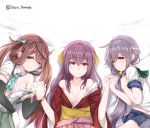  3girls akebono_(kantai_collection) arm_warmers asagumo_(kantai_collection) blouse breasts brown_hair commentary disco_brando hair_ribbon hakama hakama_skirt hand_holding highres japanese_clothes kamikaze_(kantai_collection) kantai_collection kimono light_smile long_hair looking_at_viewer lying meiji_schoolgirl_uniform miniskirt multiple_girls obi on_back on_side one_eye_closed open_clothes open_kimono pink_hair pink_hakama pleated_skirt ponytail purple_hair ribbon sash school_uniform serafuku side_ponytail skirt small_breasts smile suspenders twintails undressing very_long_hair violet_eyes white_blouse yellow_ribbon 