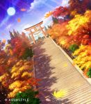  autumn autumn_leaves clouds full_moon hakurei_shrine highres makkou_4 moon official_art scenery shrine stairs torii touhou 