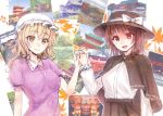  2girls black_skirt blonde_hair bow breasts brown_hair capelet dress fedora hat hat_bow high-waist_skirt holding_hands interlocked_fingers kanzaki_maguro long_hair long_sleeves maribel_hearn medium_breasts mob_cap multiple_girls photo_(object) puffy_short_sleeves puffy_sleeves purple_dress red_eyes shirt short_sleeves skirt touhou upper_body usami_renko white_bow white_shirt yellow_eyes 