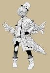  1boy boots brown_background coat fukase full_body gas_mask hat heterochromia highres kikuchi_mataha male_focus mini_hat mini_top_hat monochrome pointing q_(vocaloid) scar simple_background solo top_hat vocaloid wings 