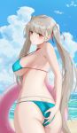  1girl absurdres aqua_bikini ass azur_lane beach bikini breasts clouds eyebrows_visible_through_hair formidable_(azur_lane) formidable_(the_lady_of_the_beach)_(azur_lane) gan-viking gradient_sky grey_hair hair_ornament hair_ribbon highres large_breasts long_hair looking_at_viewer ocean red_eyes ribbon sideboob sky smile solo swimsuit twintails very_long_hair 