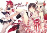  1boy 2girls apron blue_eyes blush bow breasts brown_hair carrying cleavage closed_eyes demon_tail dress flower gloves hair_ribbon hairband heart heart_print hime_cut holding horns leg_garter maid multiple_girls open_mouth princess_carry red_eyes redhead ribbon shoes short_hair silver_hair simple_background tail tanuma_(tyny) waist_apron wavy_mouth white_background white_legwear 