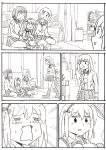  4girls absurdres boko_(girls_und_panzer) comic couch crying curtains cushion fang girls_und_panzer hair_ribbon highres indoors itsumi_erika kyousaru long_hair monochrome multiple_girls nishizumi_maho nishizumi_miho no_text ribbon school_uniform serafuku shimada_arisu short_hair stairs sweatdrop twintails window 